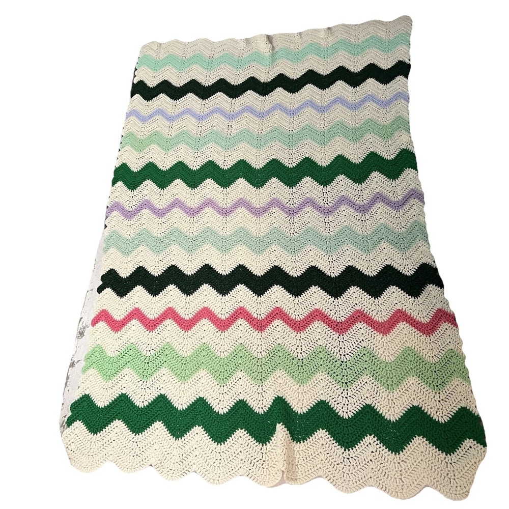 Vintage Afgan Throw BLANKET  ZIG ZAG Multi Color Crochet Handmade 40"x60"